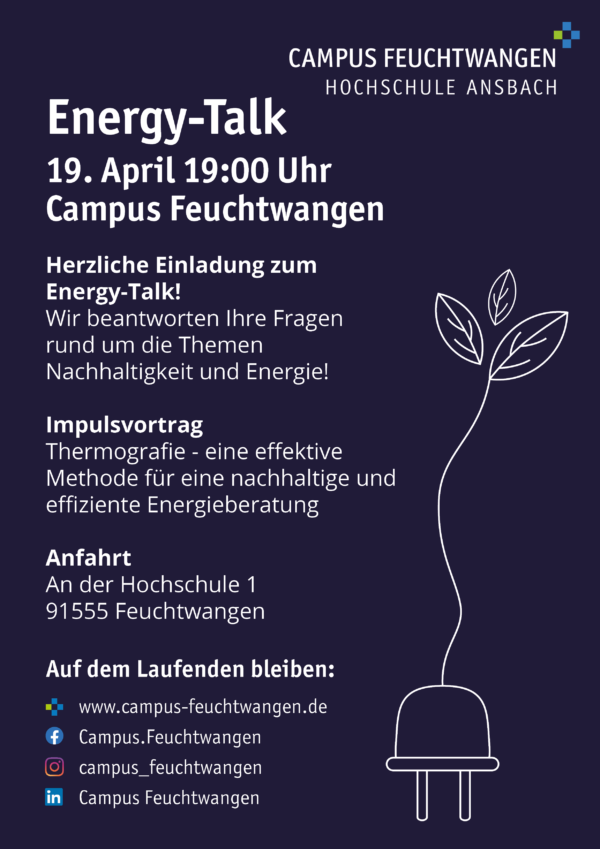 Flyer zum Energy Talk. Einladung zur Veranstaltung am 19. Aprisl um 19:00 Uhr am Campus Feuchtwangen