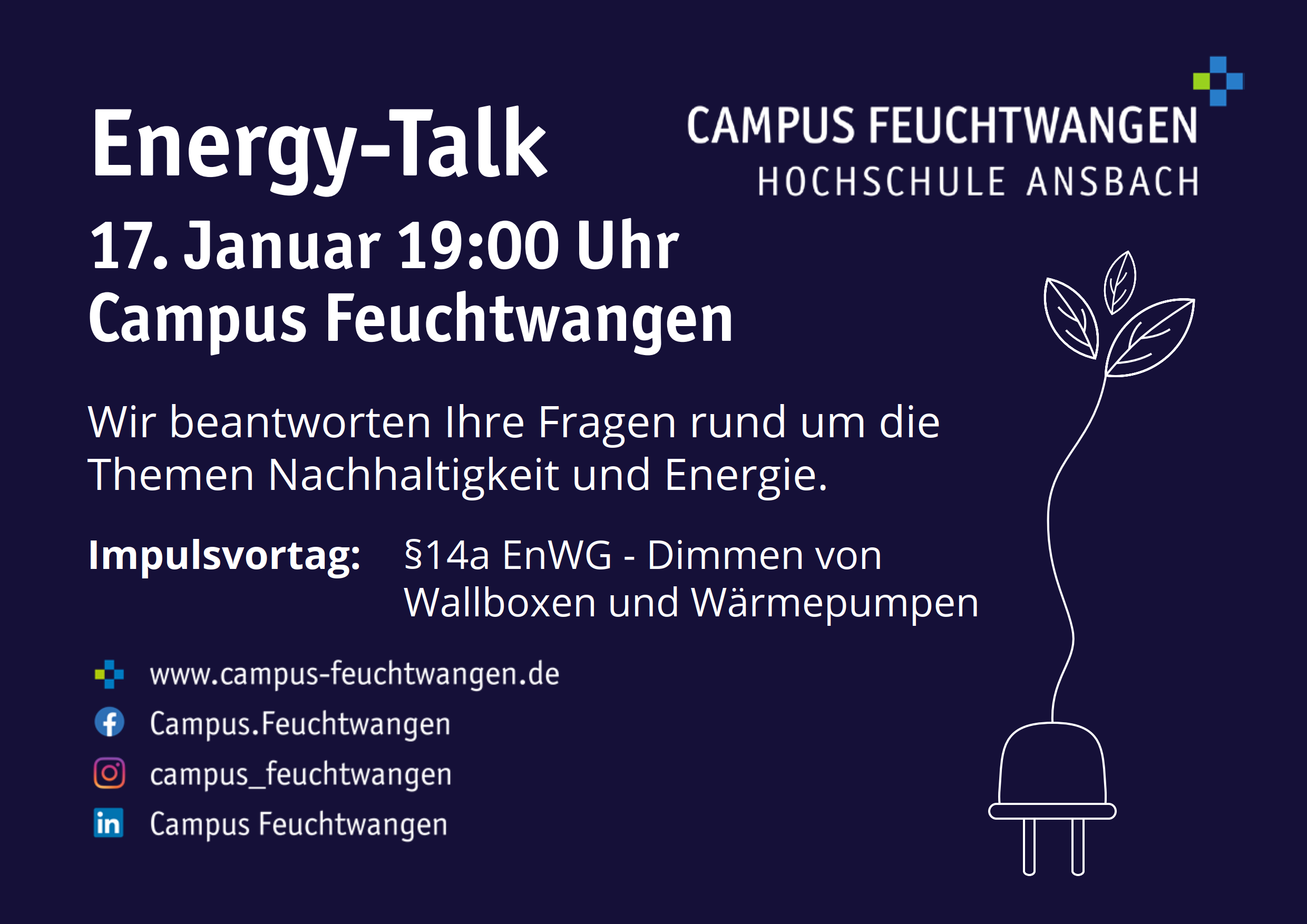 Info Flyer für den nächsten Energy Talk. Illustrationen und des Datum 17.01.2023 sind zu erkennen. Stattfinden wird der Energy Talk am Campus Feuchtwangen