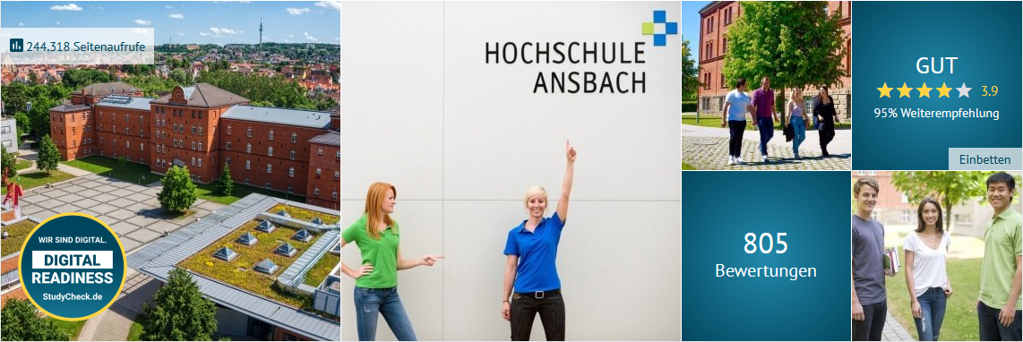 Banner von StudyCheck: Mit der Hochschule Ansbach im Hintergrund